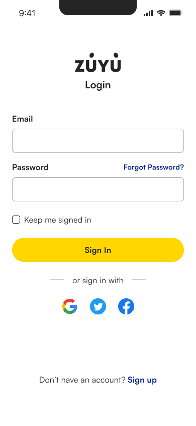 Zuyu sign-in screen with email and password fields
