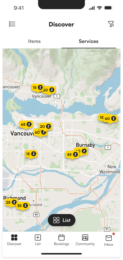 Zuyu map view of nearby services priced in coins around Vancouver and Burnaby
