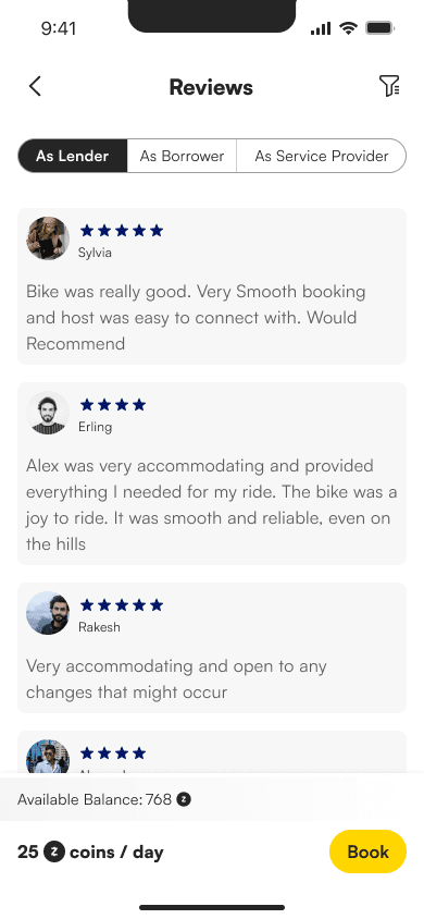 Zuyu reviews screen showing lender ratings above the booking card