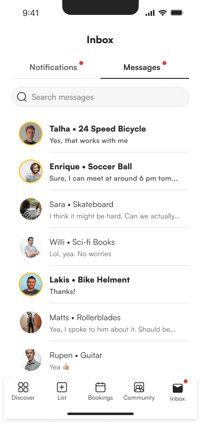 Zuyu inbox showing message threads between lenders and borrowers