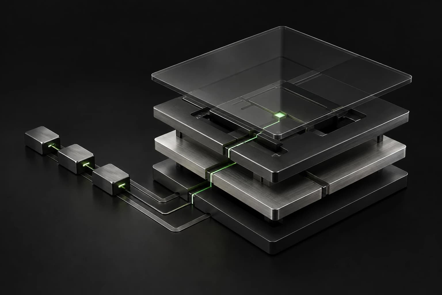 An exploded glass and graphite assembly with a green path connecting three input modules to its centre.