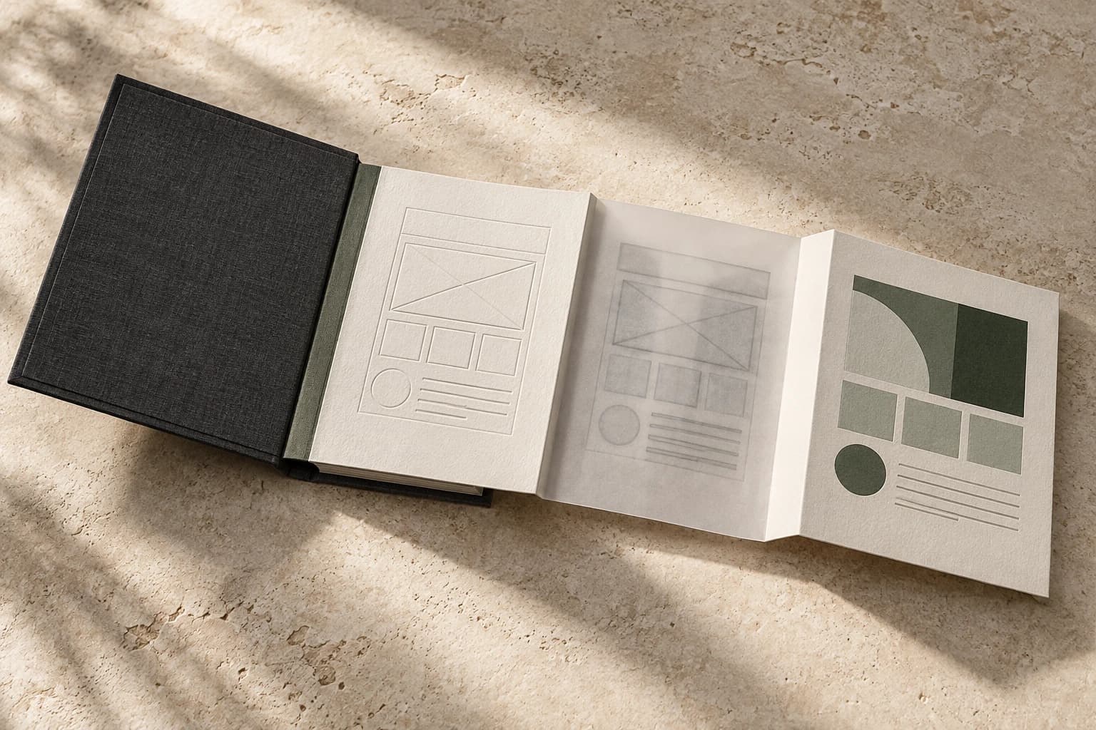 A portfolio unfolds to reveal the structure and refinement behind its finished design