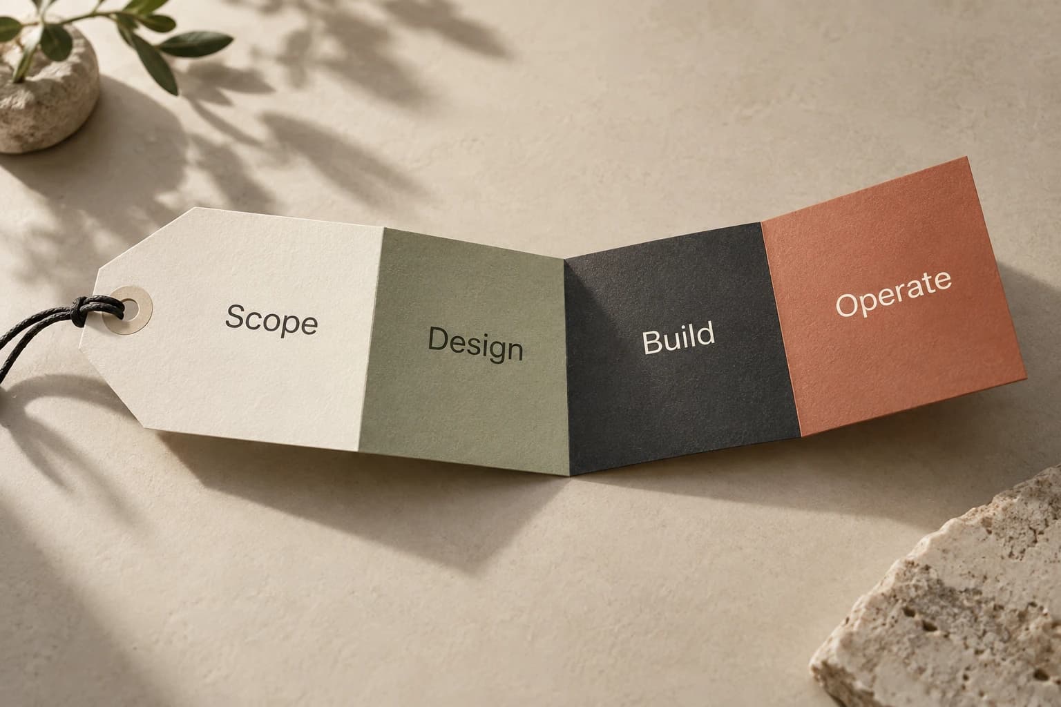 An unfolded paper price tag with four connected panels labelled Scope, Design, Build, and Operate