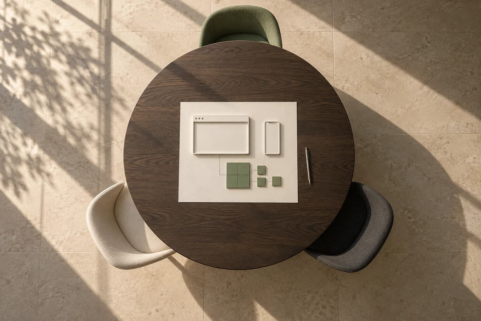 Conceptual overhead scene of three chairs around one table and a shared model of a web and mobile product