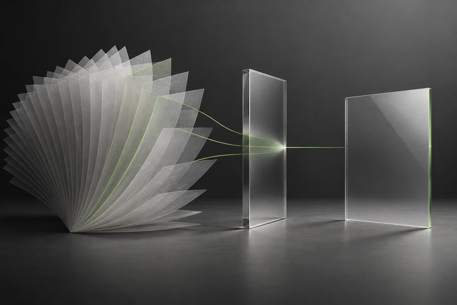 A fan of translucent pages, with three highlighted green edges, connects through a glass boundary to one output panel.