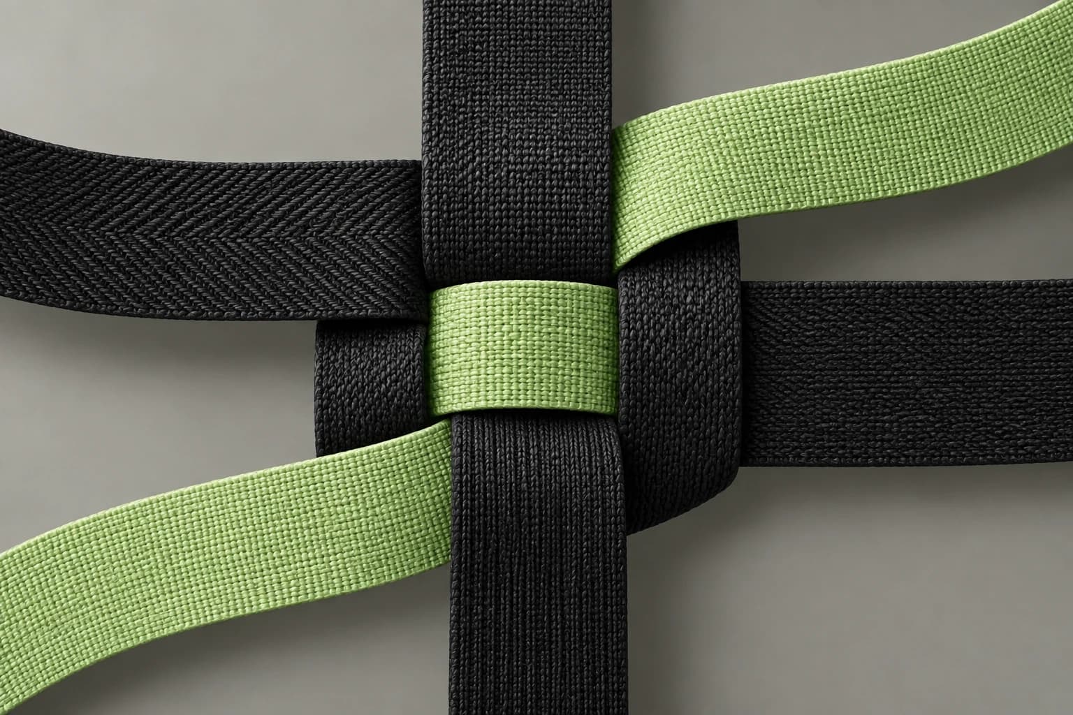 Close-up of a green woven strap interlaced with charcoal straps in a continuous weave.